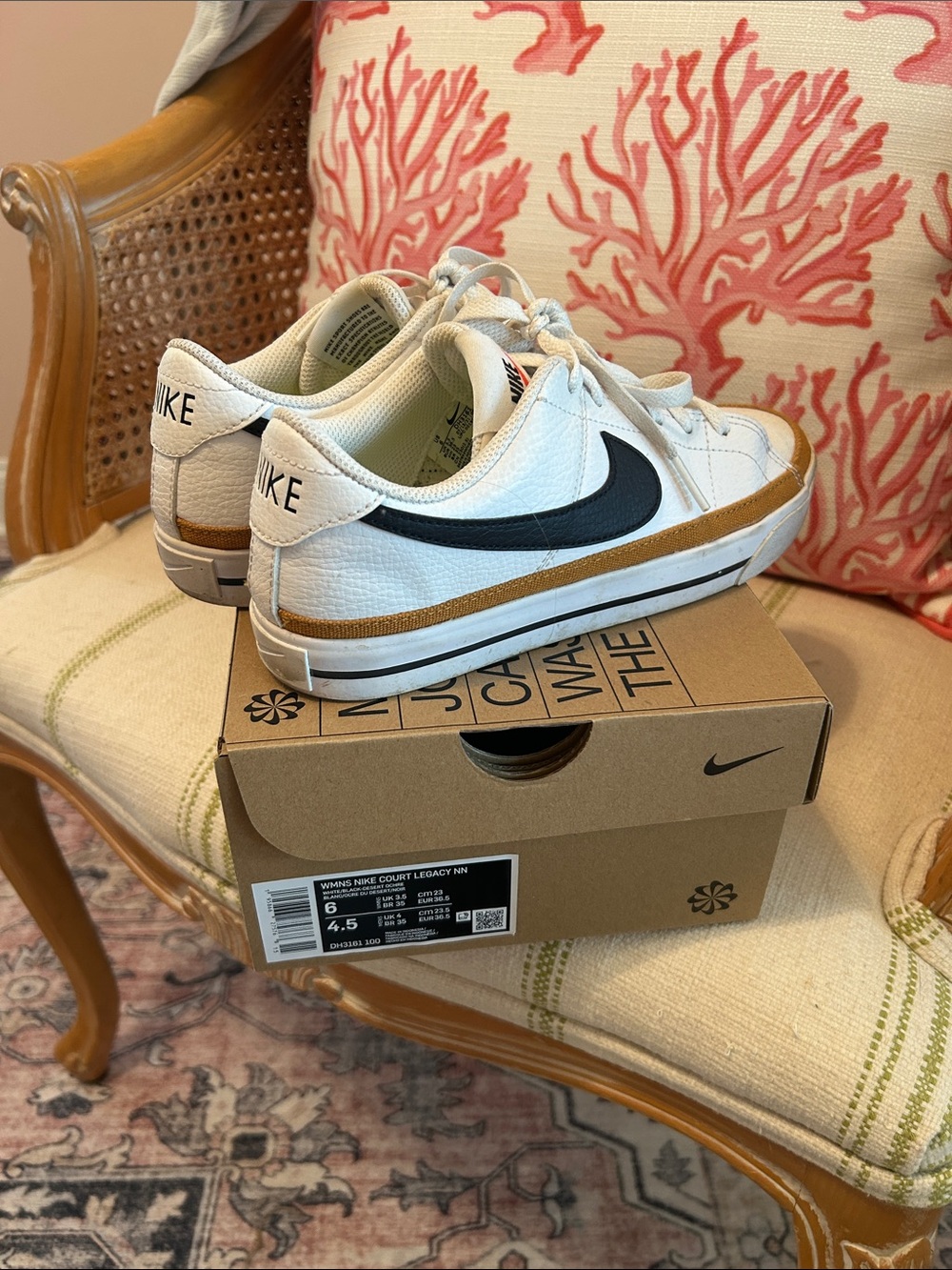 Nike White Low-Top Sneakers with Black Swoosh & Tan Trim